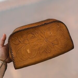 Vtg 1950s 60s Tooled Leather Floral Zipper Clutch Travel Dopp Kit Brwn Talon MCM